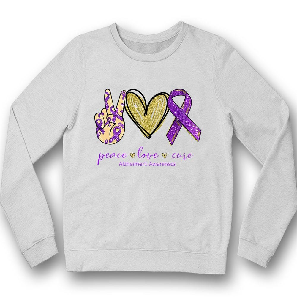 Camiseta de concienciación sobre el Alzheimer con corazón de lazo morado y la cura de la paz y el amor