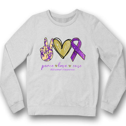 Camiseta de concienciación sobre el Alzheimer con corazón de lazo morado y la cura de la paz y el amor