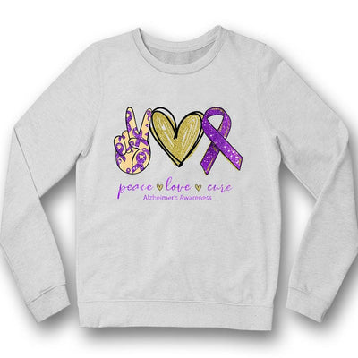 Peace Love Cure, Purple Ribbon Heart, Alzheimer's Awareness Shirt