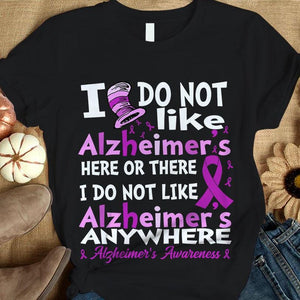 Camiseta de concienciación sobre el Alzheimer, no me gusta ningún sitio aquí, lazo morado