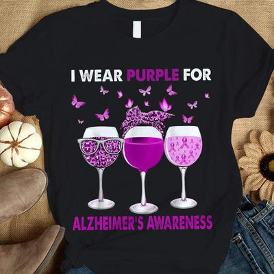 Alzheimer's Awareness Shirts, I Wear Purple, Ribbon Butterfly Glass