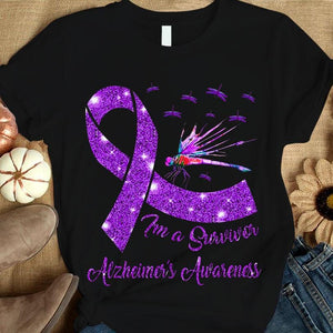 Soy un sobreviviente, camiseta de apoyo para la concienciación sobre el Alzheimer, libélula con lazo morado