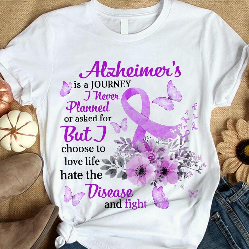 Camiseta de guerrero de concienciación sobre el Alzheimer, lucha por el amor y la vida, cinta con flores moradas