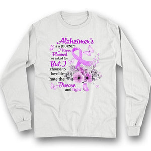 Camiseta de guerrero de concienciación sobre el Alzheimer, lucha por el amor y la vida, cinta con flores moradas