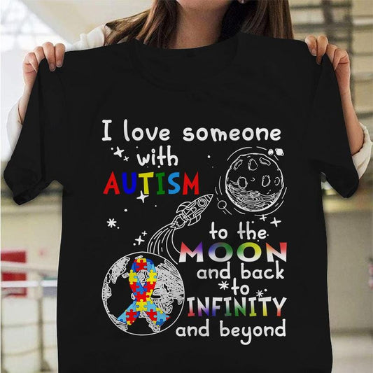 Amo a alguien hasta la luna y más allá, cinta con forma de pieza de rompecabezas, camiseta de concienciación sobre el autismo