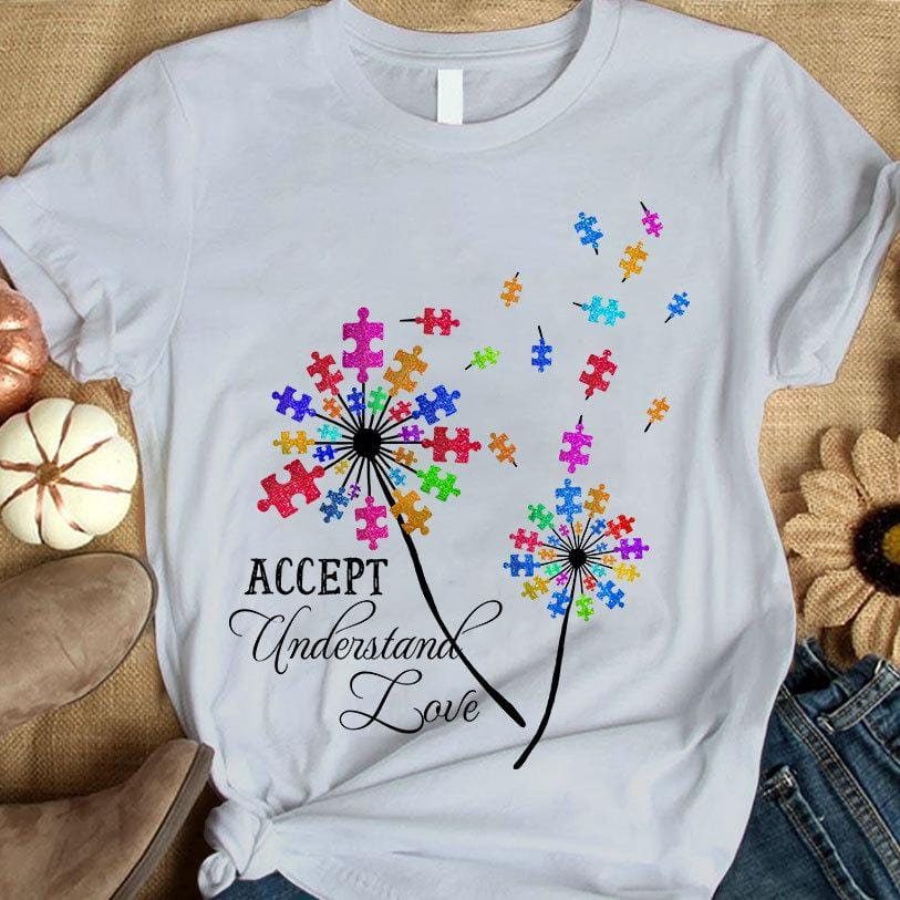 Camiseta de concienciación sobre la aceptación del autismo, aceptar, comprender, amar, pieza de rompecabezas, diente de león