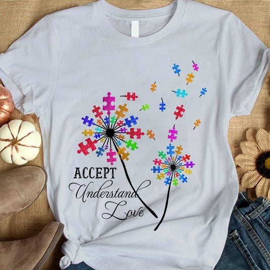 Camiseta de concienciación sobre la aceptación del autismo, aceptar, comprender, amar, pieza de rompecabezas, diente de león