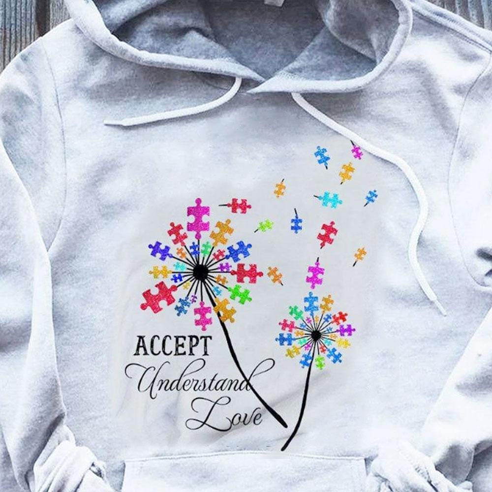 Camiseta de concienciación sobre la aceptación del autismo, aceptar, comprender, amar, pieza de rompecabezas, diente de león