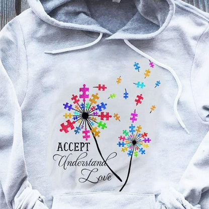 Camiseta de concienciación sobre la aceptación del autismo, aceptar, comprender, amar, pieza de rompecabezas, diente de león