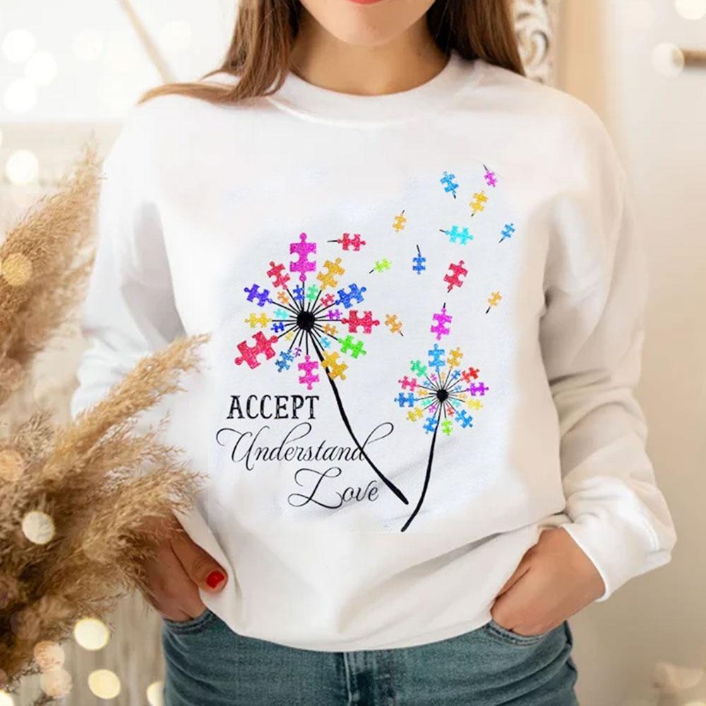 Sudadera con capucha con la frase "Aceptar, comprender, amar", pieza del rompecabezas, diente de león, aceptación del autismo