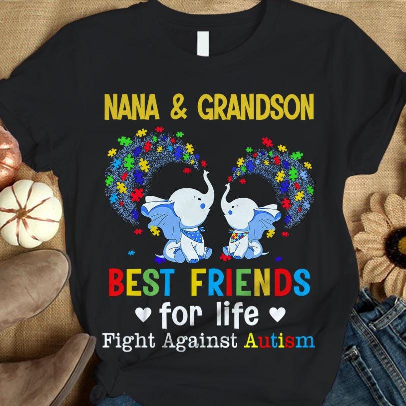 Autism Nana & Grandson Awareness Shirt, Best Friends For Life, Puzzle Piece Elephant
