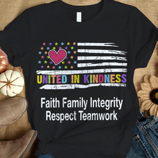 Camiseta divertida de concienciación sobre el autismo con la bandera estadounidense "Unidos en la bondad"