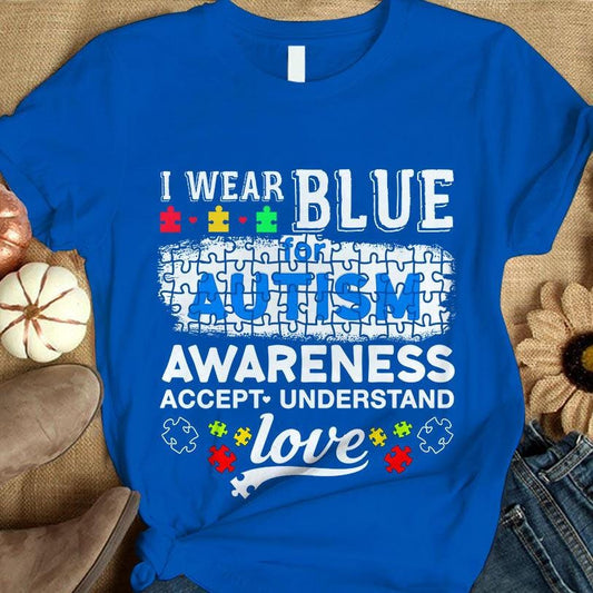 Camiseta de concienciación sobre la aceptación del autismo, "Llevo azul, entiendo el amor", pieza de rompecabezas