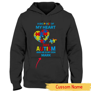 Personalized Autism Awareness Mom Dad Shirt, Big Piece Of Heart Is Son, Custom