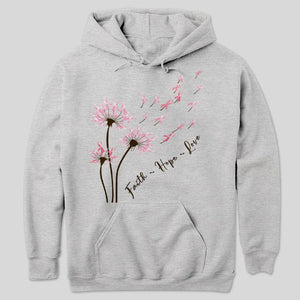 Sudadera con capucha y camisetas con mensaje de diente de león, fe, esperanza y amor para concientizar sobre el cáncer de mama