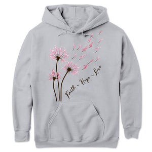 Sudadera y camisetas con mensaje de diente de león, fe, esperanza y amor para concienciar sobre el cáncer de mama