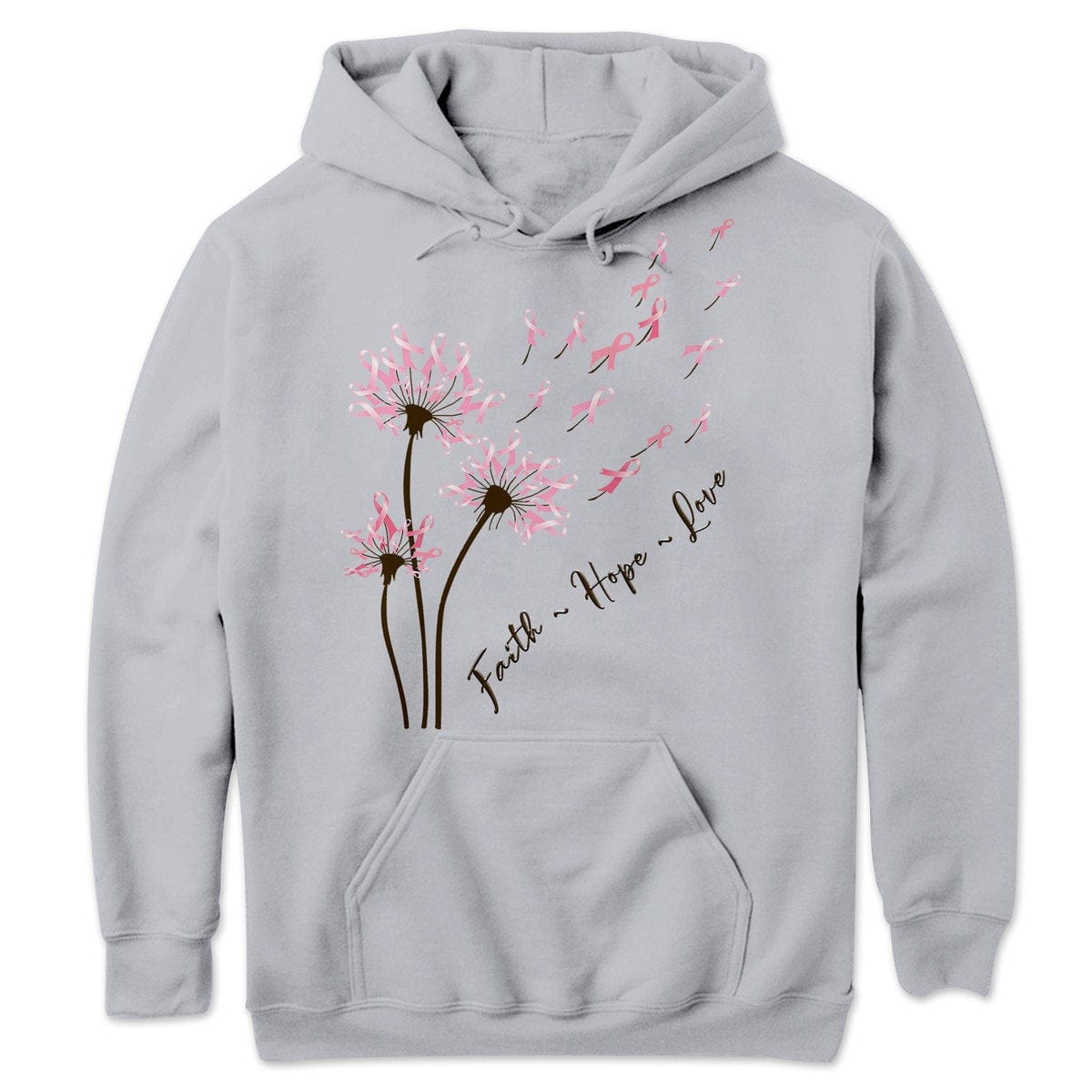 Sudadera con capucha y camisetas con mensaje de diente de león, fe, esperanza y amor para concientizar sobre el cáncer de mama