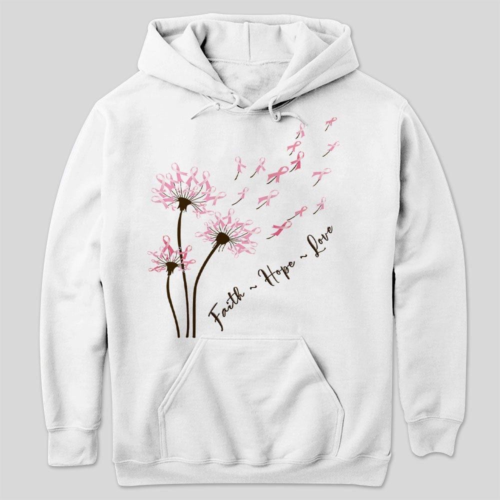 Camiseta de concienciación sobre el cáncer de mama con diente de león, fe, esperanza y amor