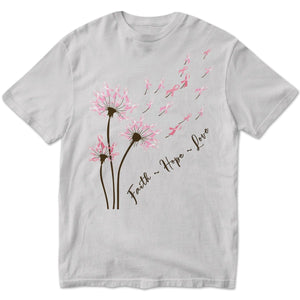 Camisetas de manga larga con mensaje de diente de león, fe, esperanza y amor para concientizar sobre el cáncer de mama