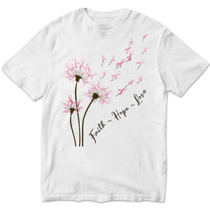 Camisetas de manga larga con mensaje de diente de león, fe, esperanza y amor para concientizar sobre el cáncer de mama