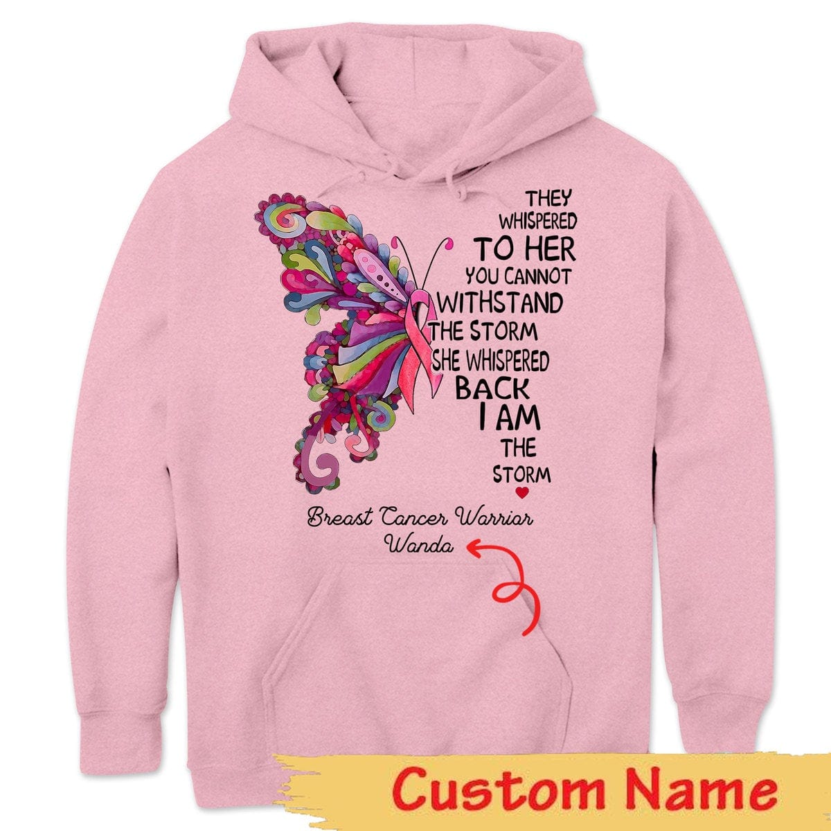 Camiseta personalizada de concientización sobre el cáncer de mama, soy la tormenta, mariposa rosa