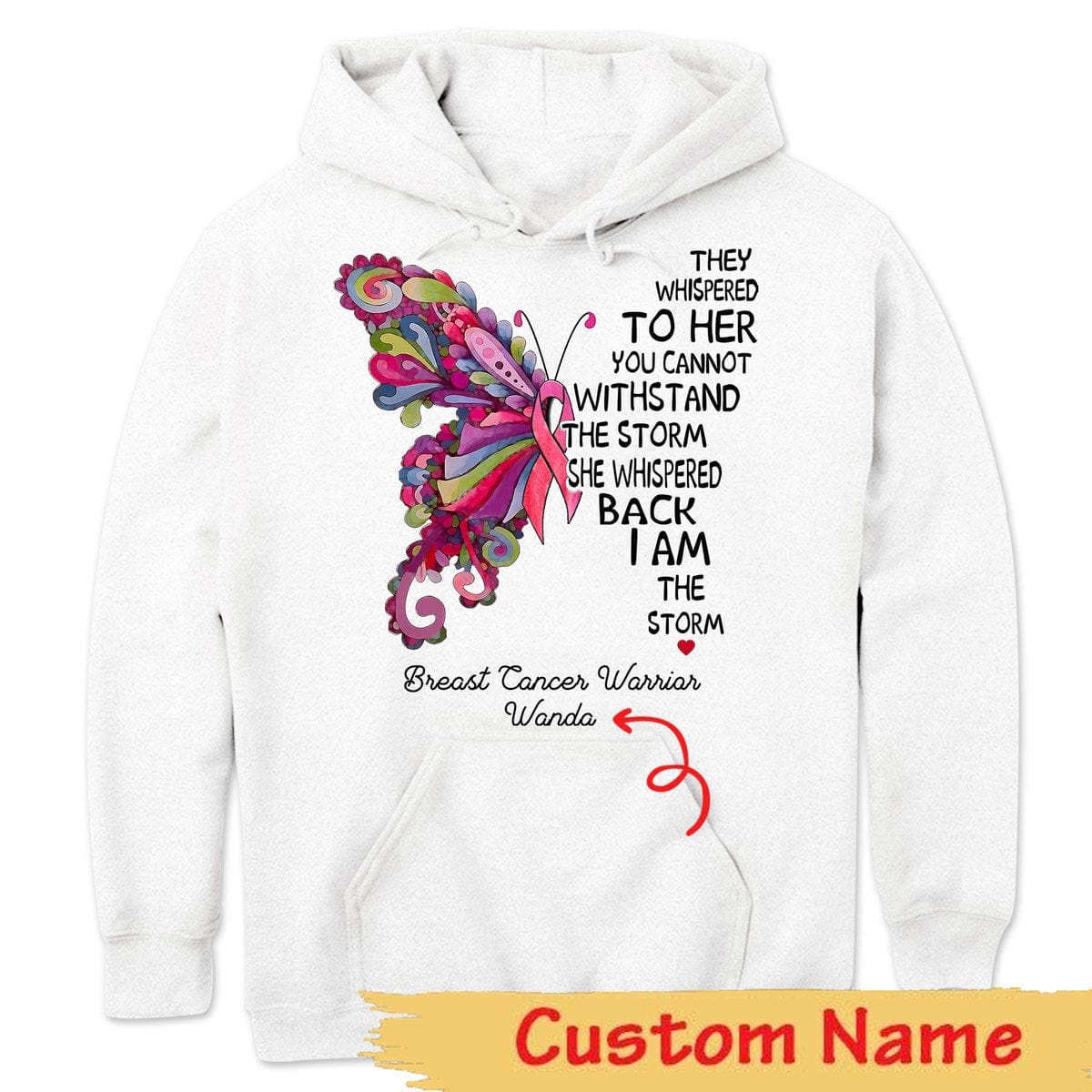 Camiseta personalizada de concientización sobre el cáncer de mama, soy la tormenta, mariposa rosa