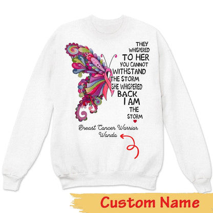Camiseta personalizada de concientización sobre el cáncer de mama, soy la tormenta, mariposa rosa