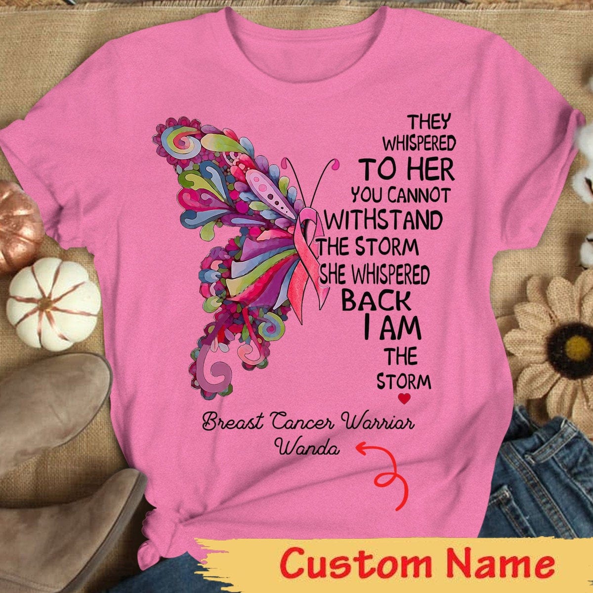 Camiseta personalizada de concientización sobre el cáncer de mama, soy la tormenta, mariposa rosa