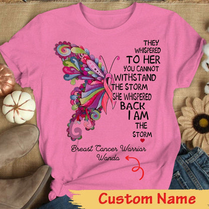 Camiseta personalizada de concientización sobre el cáncer de mama, soy la tormenta, mariposa rosa