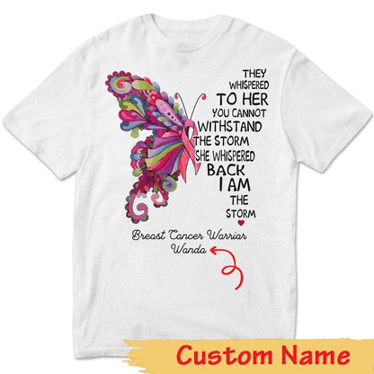 Camiseta personalizada de concientización sobre el cáncer de mama, soy la tormenta, mariposa rosa
