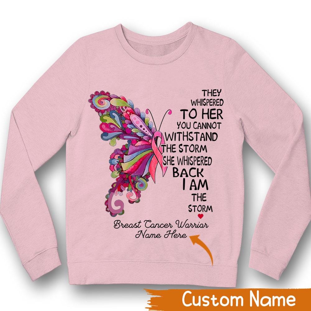 Camiseta personalizada de concientización sobre el cáncer de mama, soy la tormenta, mariposa rosa