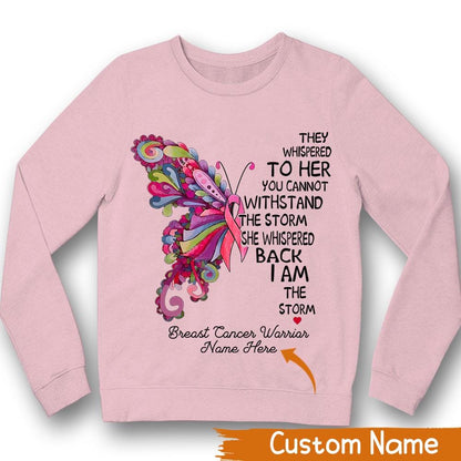 Camiseta personalizada de concientización sobre el cáncer de mama, soy la tormenta, mariposa rosa