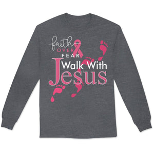 Camiseta con frase de fe por encima del miedo, camina con Jesús, lazo rosa y concienciación sobre el cáncer de mama