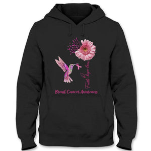 Sudadera con capucha y camiseta con mensaje "Fe, esperanza, amor", lazo rosa, gerberas y pájaros contra el cáncer de mama