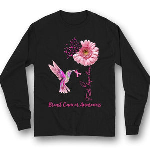 Sudadera con capucha y camiseta con mensaje "Fe, esperanza, amor", lazo rosa, gerberas y pájaros contra el cáncer de mama