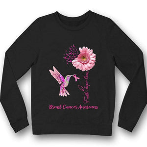 Sudadera con capucha y camiseta con mensaje "Fe, esperanza, amor", lazo rosa, gerberas y pájaros contra el cáncer de mama