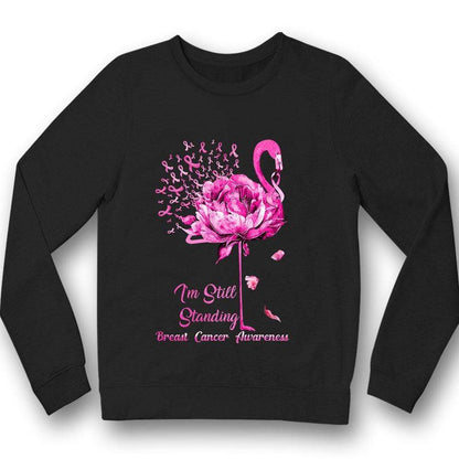 Sudadera con capucha y camiseta con el mensaje "Todavía estoy de pie contra el cáncer de mama" de Flamingo