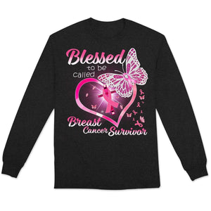 Camisetas de manga larga con lazo rosa y corazón y mariposa contra el cáncer de mama