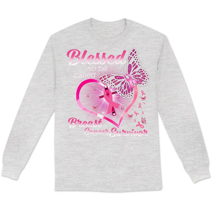 Camisetas de superviviente de cáncer de mama, Bendecida por ser llamada, corazón y mariposa con lazo rosa