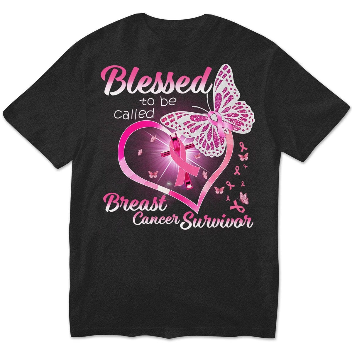 Camisetas de superviviente de cáncer de mama, Bendecida por ser llamada, corazón y mariposa con lazo rosa