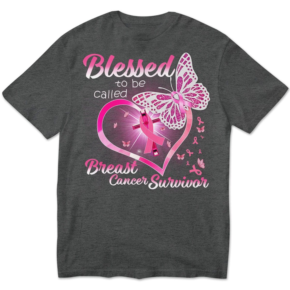 Camisetas de superviviente de cáncer de mama, Bendecida por ser llamada, corazón y mariposa con lazo rosa