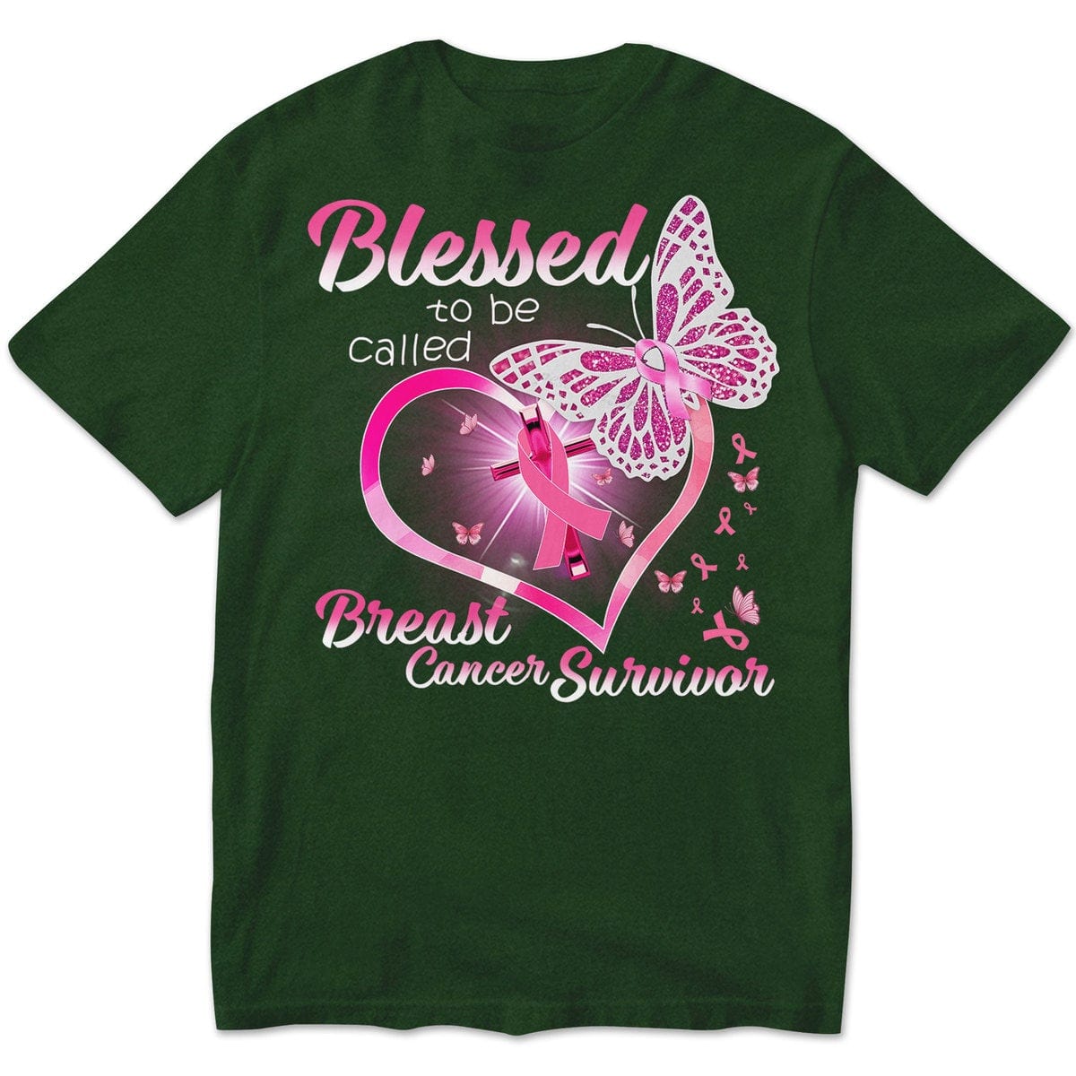Camisetas de superviviente de cáncer de mama, Bendecida por ser llamada, corazón y mariposa con lazo rosa