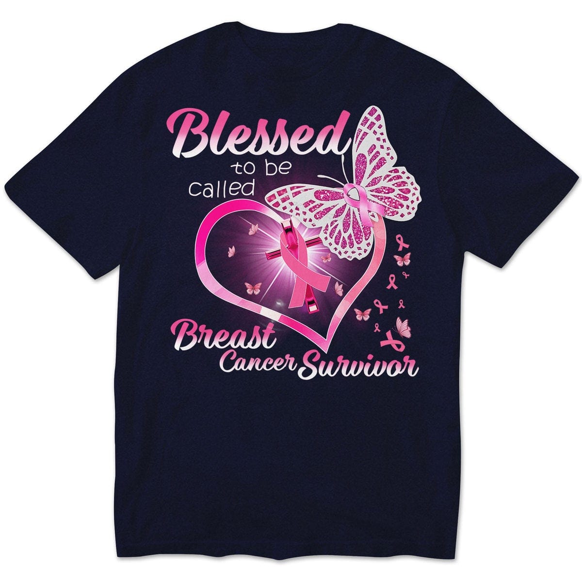 Camisetas de superviviente de cáncer de mama, Bendecida por ser llamada, corazón y mariposa con lazo rosa