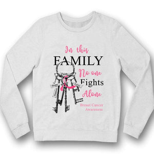 En esta familia nadie lucha solo, sudadera con capucha y camiseta con el logo de Ribbon Key contra el cáncer de mama