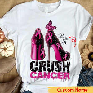 Tacones altos con lazo rosa Crush Cancer, sudadera personalizada contra el cáncer de mama, camisetas