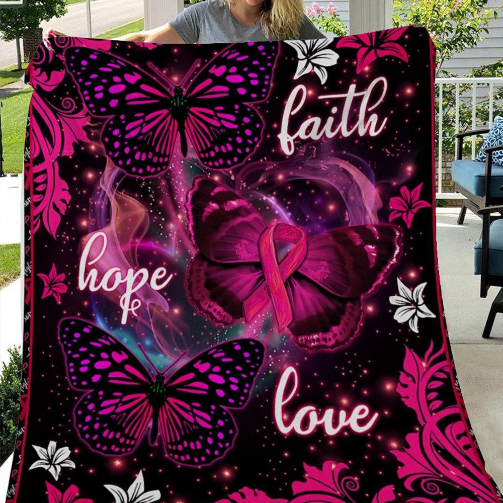 Faith Hope Love With Pink Ribbon And Butterfly, Breast Cancer Fleece & Sherpa Blanket