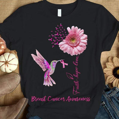 Faith Hope Love, Pink Ribbon Gerbera & Bird, Breast Cancer Survivor Awareness Shirt