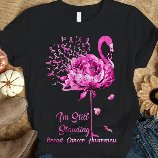 Camisetas de concienciación sobre el cáncer de mama con el flamenco "I'm Still Standing"