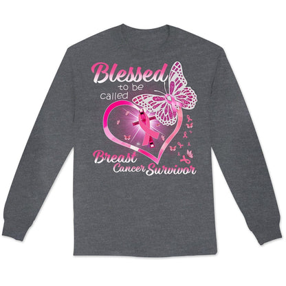 Camisetas de superviviente de cáncer de mama, Bendecida por ser llamada, corazón y mariposa con lazo rosa