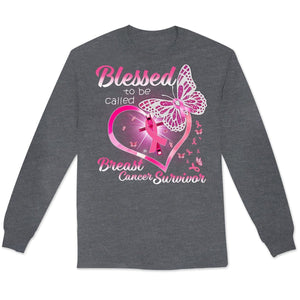 Camisetas de manga larga con lazo rosa y corazón y mariposa contra el cáncer de mama